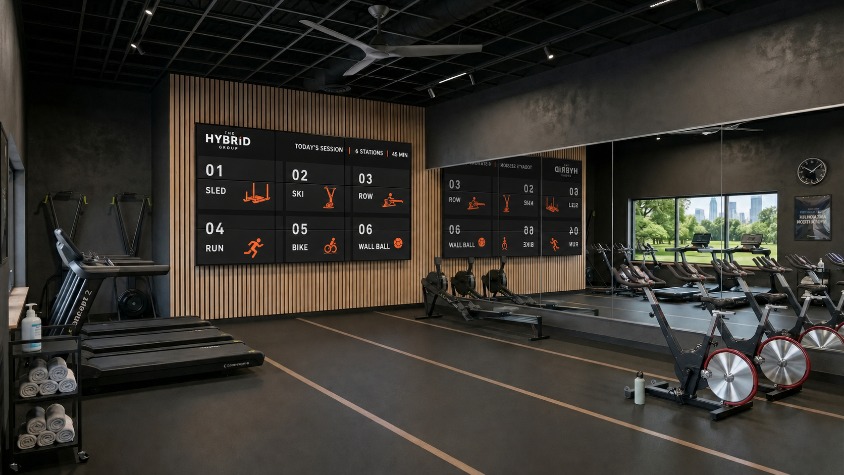 Modern gym with a nine-screen Hybrid Wall station workout